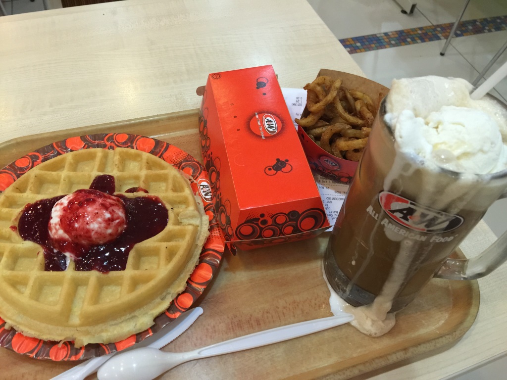 Root beer float, curly fries, chicken coney, waffles... so-so... sigh...