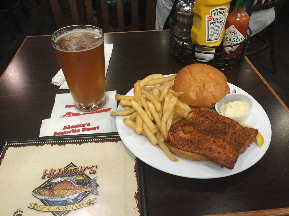 Had an awesome dinner! Alaskan Salmon burger with Alaskan Ale (named "Broken tooth fair weather IPA") very fruity!