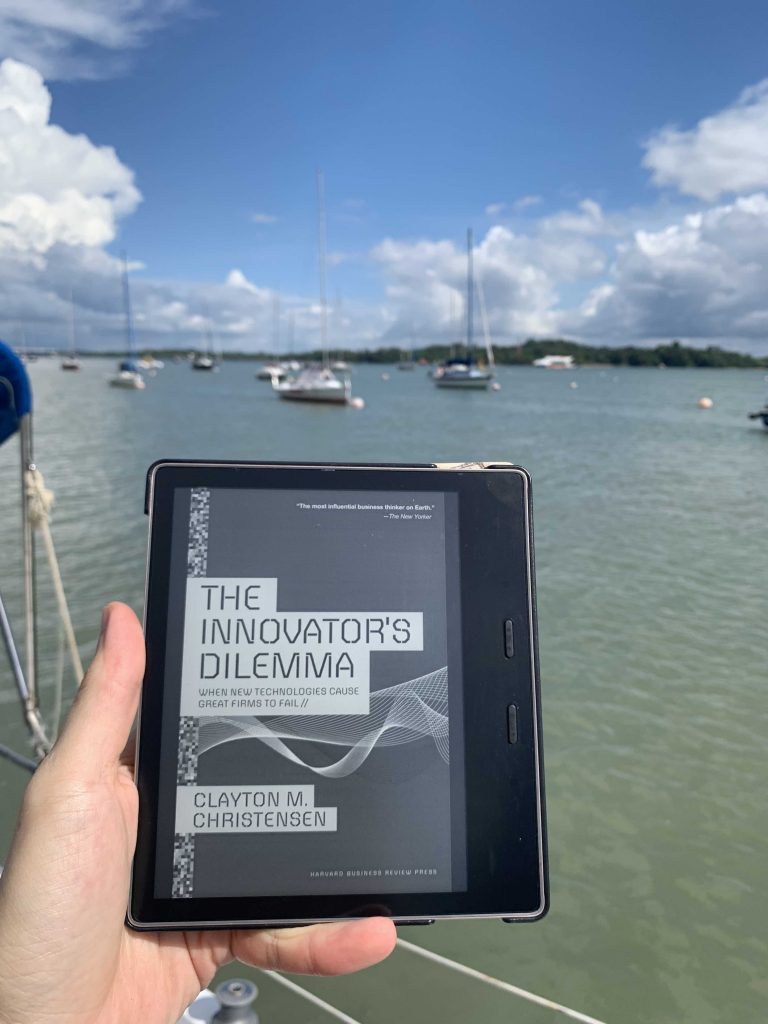 Reading up while doing boat maintenance! The Innovator's Dilemma is a good read!
