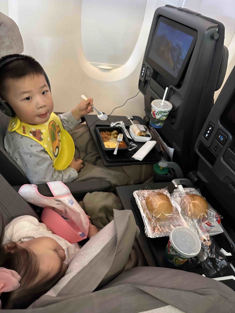Enjoying the inflight meal and entertainment while the other one sleeps...