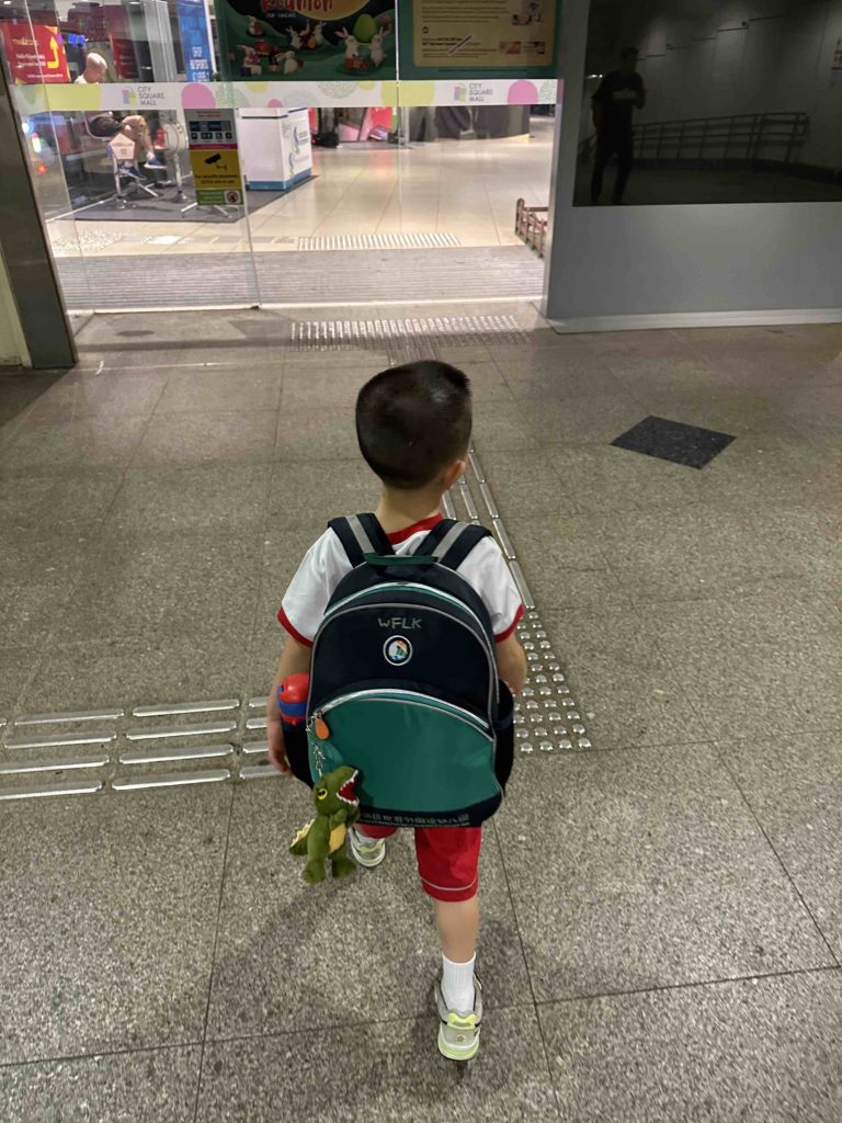 learning to go to school on his own...