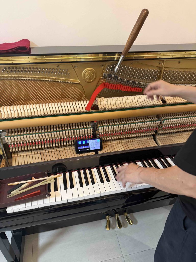 Learning more about the mechanics of the upright piano during the tunning session...